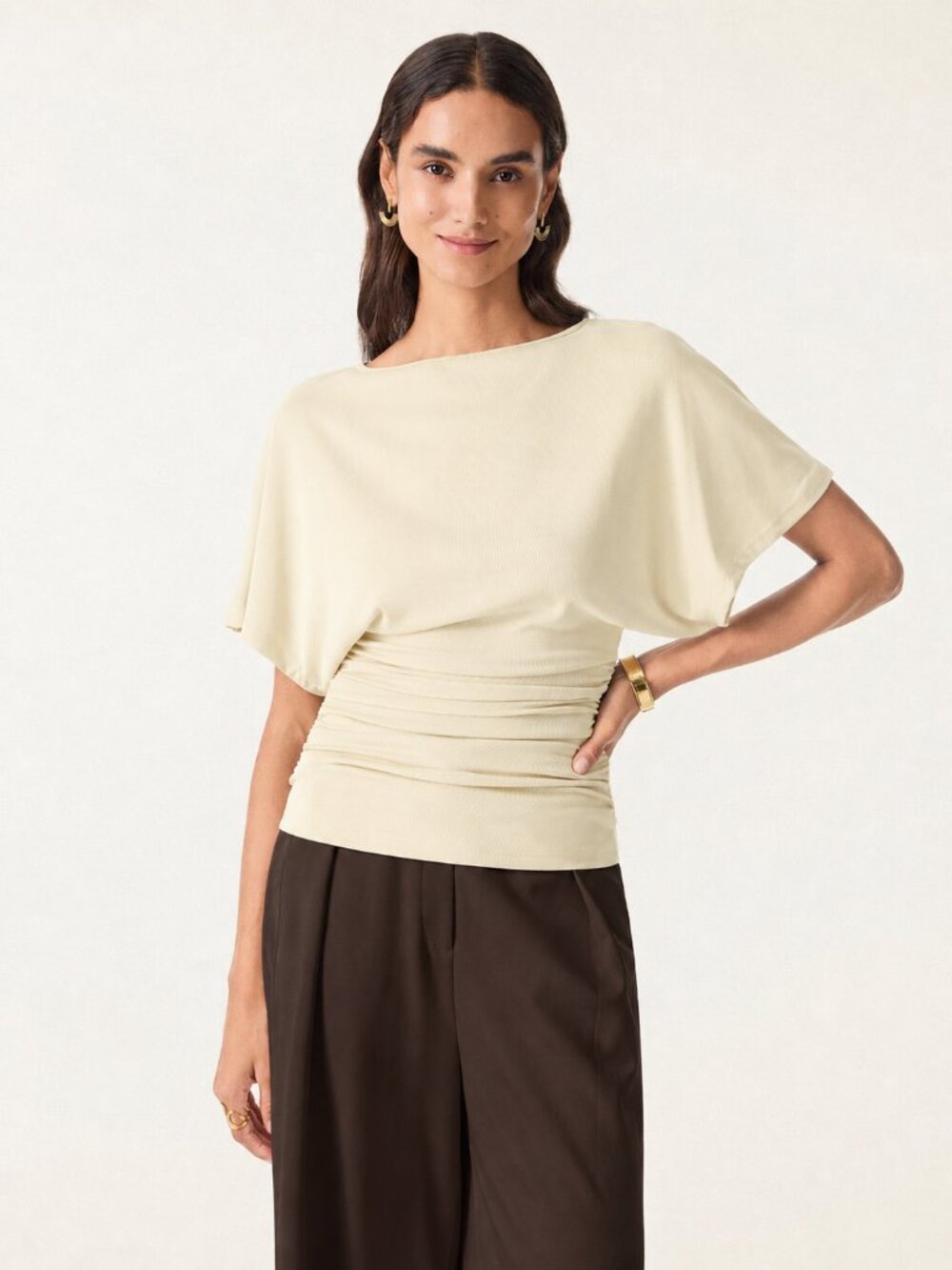 NWT OGL Sandwashed Effortless Boatneck Batwing Sleeve Side Ruched Top Butter S